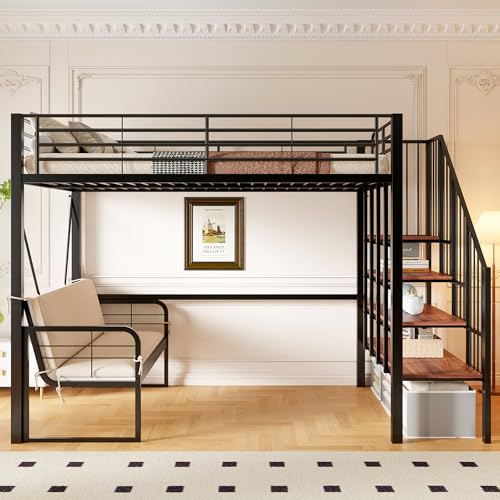 Litera 140x200 cmDe Metal, Cama Alta con Sofá Inferior Extraíble, Literas con Escalera Segura Y Almacenaje, Diseño Negro Tipo Loft, para Dormitorio Juvenil Completo