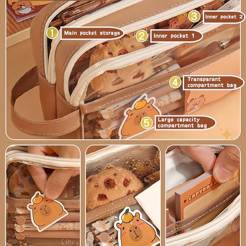 Image of Kawaii Capybara Pencil Case Kit with Plush +Notepad+Pendant+Stickers+Binder clips+Diary Clip+Pens, 5-Layer Large Capacity Capybara Stationery Set Gifts for Office, Makeup. (Brown)