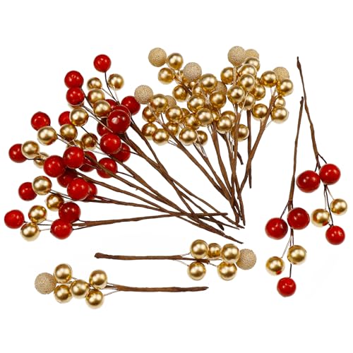 Lorigun 20 Pcs Artificial Berries, Artificial Holly Berry Picks Decorations Christmas Tree, Christmas Berry Stems for Craft DIY Door Wreath Gold Red Fake Berry Branches Decor Home