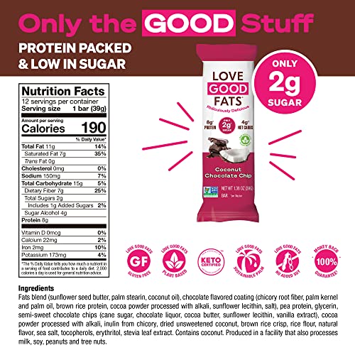 Love Good Fats Keto Bars, Truffle Coconut Chocolate Chip - Plant-Based Protein Snack, Low Carb, Low Sugar, Gluten Free, Non Gmo, 12 Pack #TOP1
