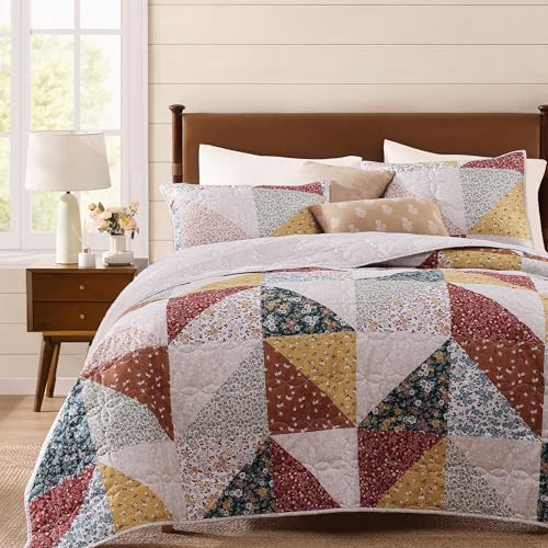 Queen Quilt Set-3 Pieces Soft Bedding Lightweight Floral Patchwork Coverlet