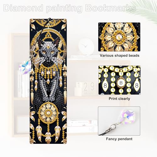 Image of 4-Piece Dreamcatcher Cat Diamond Painting Bookmarks Set for Adults - DIY 5D Rhinestone Art Bookmark Kits with Tassels, Beautiful Diamond Art Bookmarks for Crafts and Gifts