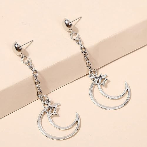 Miniatura 3 de Jumwrit Aretes de cadena con diseño de luna y estrella, aretes colgantes de oro y plata, huecos, mariposa, perla, serpiente, corazón, disco, oreja,