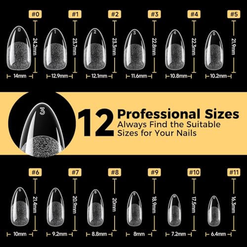 Image of UNA GELLA 600 Pcs Almond Gel Nail Tips, Pre Etched Medium Almond Nail Tips, 12 Sizes Full Cover Fake Clear Press On Nails for Flat & Curved Nails Bed Extension Home DIY Salon