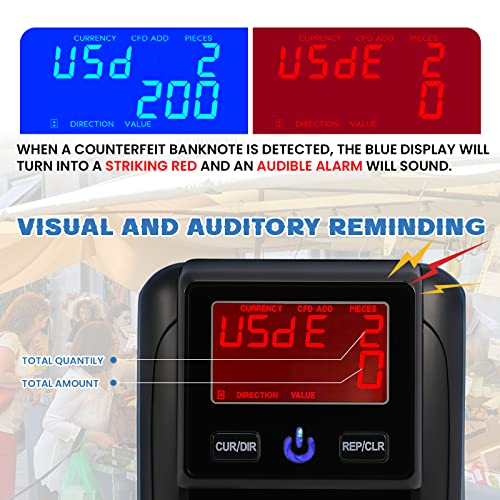 Portable Counterfeit Bill Detector, Rechargeable 4 Way Direction Usd & Eur Bill Checker Machine With Visual & Audible Reminding, 1S Accurate Money Detector For Car/Office/Home With Total Value Display #TOP3