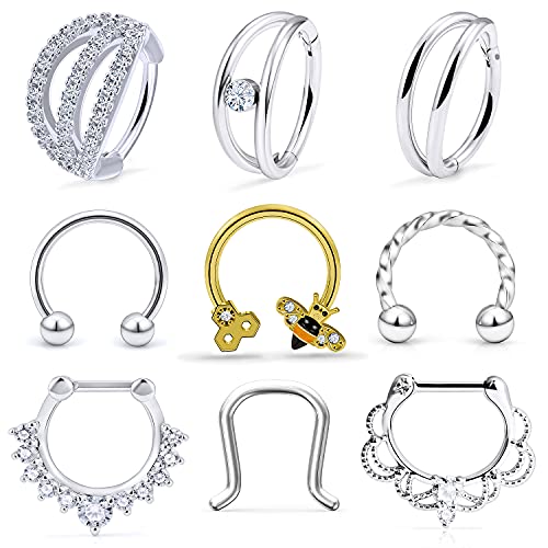 Ocptiy Septum Rings Piercing Jewelry 16G Hinged Seamless Septum Clicker Horseshoe Barbell Stainless Surgical Steel Septum Nose Rings Cartilage Earrings Hoop Piercing Jewelry for Men Women Silver 10mm