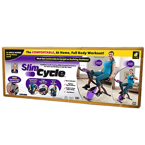 BulbHead Upgraded Slim Cycle Ultra Stationary Folding Indoor Bike with Arm Resistance Bands and Heart Monitor-Perfect Home Exercise Machine for Cardio, Purple