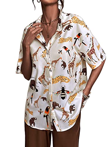 SweatyRocks Women's Short Sleeve Cute Print Button Down Shirt Tops3
