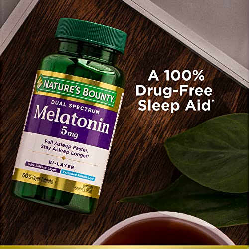Nature’s Bounty Melatonin 5Mg Dual Spectrum, 100% Drug Free Sleep Supplement, Quick Release And Extended Release, Promotes Relaxation And Sleep Health, 60 Bi-Layer Tablets #TOP3