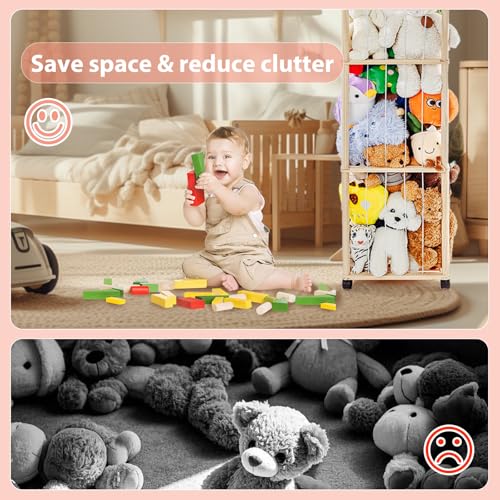Holz Kuscheltier Aufbewahrung, Stofftier Aufbewahrung Mit 360°Bremse-Ausgestattete Räder, 150 * 40 * 40cm Plüschtier Organizer für Kinderzimmer, Spielzimmer, Wohnzimmer usw
