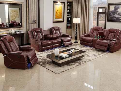 Toseslo Power Recliner Sofa Set, Brown Leather 3 Pieces Sectional Couch, Living Room Furniture Sets with LED Light, Modern Power Reclining Sets with Storage Console/Cup Holder for Living Room