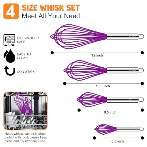 Image of HOTEC 4 Pieces Silicone Whisks Set, Wire Balloon Whisks for cooking Egg Beater, Non-slip Handle Whisk for Non-stick Cookware Perfect for Cooking, Stirring, Beating and Blending,Purple