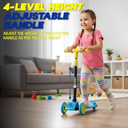 Image of Konex Kick Scooter for Kids (2+ Years) | 3 Broad Rubber Wheels for Smooth Ride | 4-Level Height Adjustable Handle | Foldable & Portable with Back Brake | Holds Up to 40 kg (Blue-Yellow)