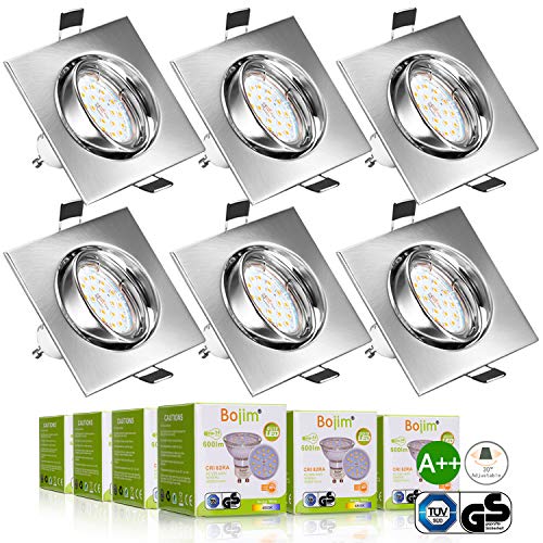 Foco Empotrable, Bojim 6X GU10 LED Luz De Techo 6W Equivalente A 54W Incluye Bombilla GU10 Blanco Natural 4500K 600Lm Ojos De Buey Marco Cuadrado Esmerilado Ángulo Rotable 30°AC 220V-240V