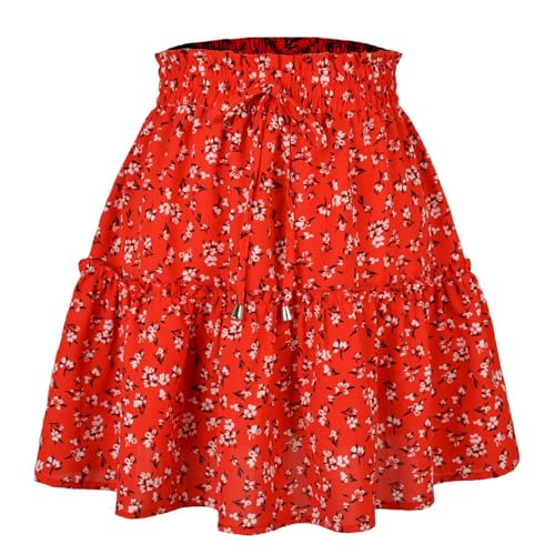 Women's Fresh Floral High Waisted Drawstring Skirt with Layered Ruffle Edges Elegant Casual Mini Skirt