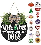 Interchangeable Wooden Seasonal Welcome Sign, Rustic Round Dogs Sign Front Door Wreaths for Home/...