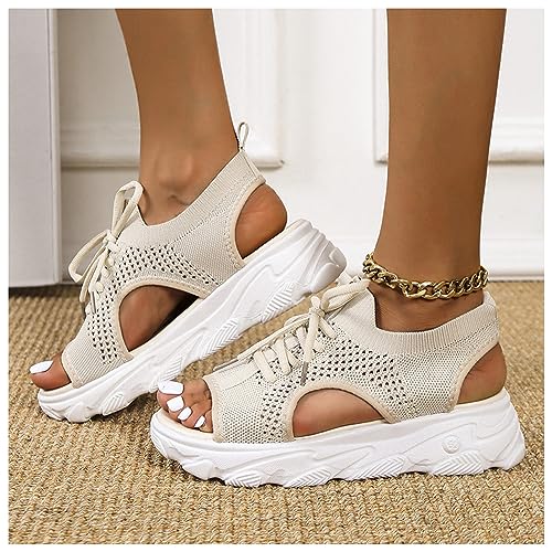 Sandals for Women Sandals Women Dressy 2024 Women's Lace Up Muffin Sandals Summer Mesh Open Toe Platform Wedge Sandals Causal Walking Sandals4