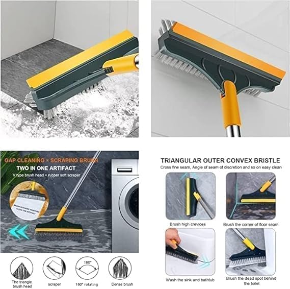Image of CHONGZFU Bathroom Cleaning Brush with Wiper - Long Handle 180 Rotate Toilet Brush, Tiles Cleaning, Floor Scrub for Kitchen and Bathroom Accessories 3 in 1 Tile Brush (3 in 1 Tile Brush)