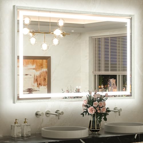 TETOTE 48 x 32 Bathroom LED Mirror Brushed Nickel Metal Frame Frontlit & Backlit Vanity Mirror Stepless Dimmable Anti-Fog 3 Colors White/Warm/Natural Lighted up Vanity Wall-Mounted