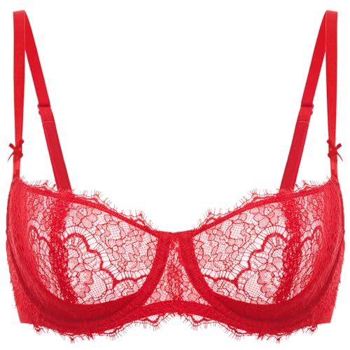 Image of DOBREVA Women's Balconette Sexy Unlined Bra Lace Push Up Plus Size Bras See Through Underwire
