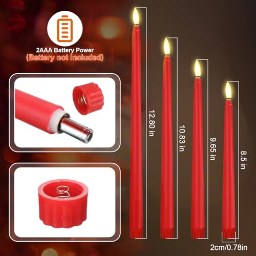 Image of Rossesay 24 Pcs Flameless LED Taper Candles Battery Operated Candle 8.5 inch, 9.65 inch, 10.8 inch, 12.8 inch Flameless Candlesticks Flickering for Christmas Church Wedding Indoor Decoration(Classic, Red)