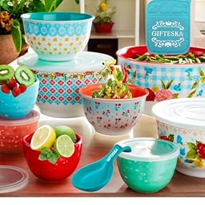 Melamine Mixing Bowls with Lids Set , Floral Mixing Bowls with Lids Set , Nesting Bowls with Lids Set , for Kitchen Baking Cooking Prepping Storage Multicolor Large w/ Pot Holder & Rest Spoon, 20 PCS