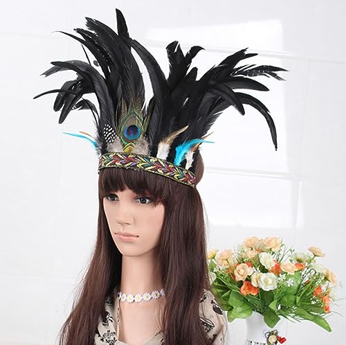 OhMill Halloween African Headwear Indian Feathered Headband African Chieftain Hat Headpiece Stage Show Props Christmas Easter Halloween Party Cosplay Fancy Dress Adults Kids (Peacock) - Image 2