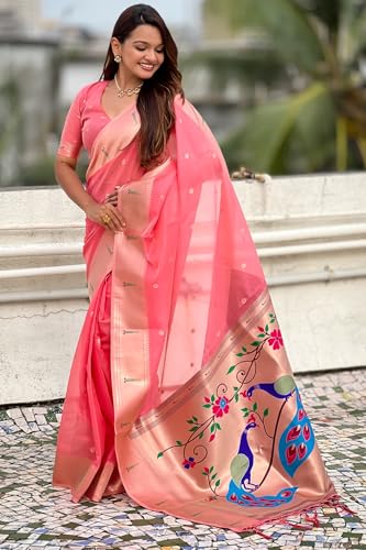 Image of SGF11 Women's Organza Kanjivaram Pure Soft Silk Handloom Saree Pure Golden Zari With Blouse Piece
