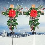 PLASUPPY 2 Pack Solar Christmas Garden Stakes, Cross Stakes Lights with Poinsettia Pine Cones Red...