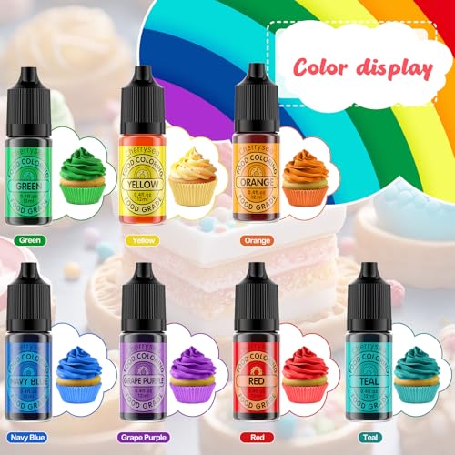 Image of Cherrysea Food Coloring for Cake Decorating Rainbow Edible Food Dye for Halloween Baking Royal Icing Cookie Supplies Gluten Free 7x12ml Food Grade Liquid Food Color Kit, 0.4 Fl. Oz /Bottles