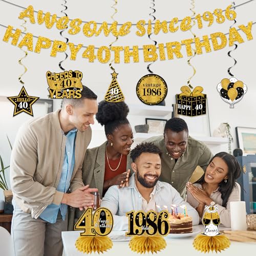 Image of Kuxriox 11Pcs 40th Birthday Decorations Kit for Men Women, Black Gold Happy 40th Birthday Banner, Awesome Since 1986 Centerpieces Swirls Party Supplies, Forty Bday Banner Ceiling Table Topper Sign