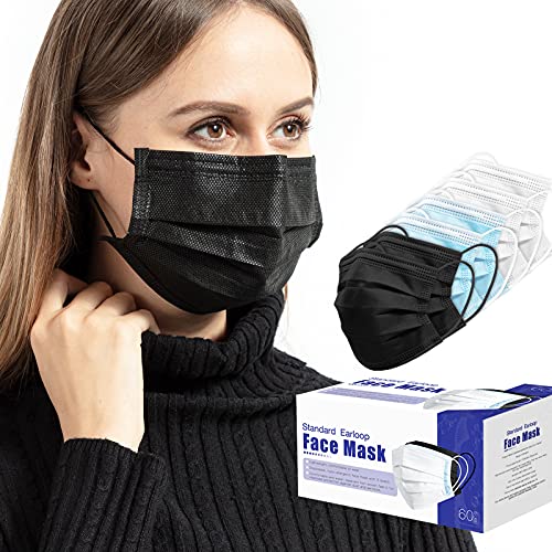 60 Pcs 3 Color Disposable Face Masks，3 Layers Facial Safety Masks With Adjustable Elastic Ear Loop Dust Air Pollution Protection （Black+Blue+White） #TOP7
