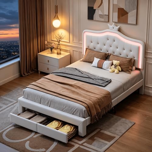 BRILVERDE Lit Princesse 140x200 cm avec tête de lit Couronne, lit Enfant rembourré en Simili Cuir Blanc avec LED RGB, 2 tiroirs de Rangement et sommier à...