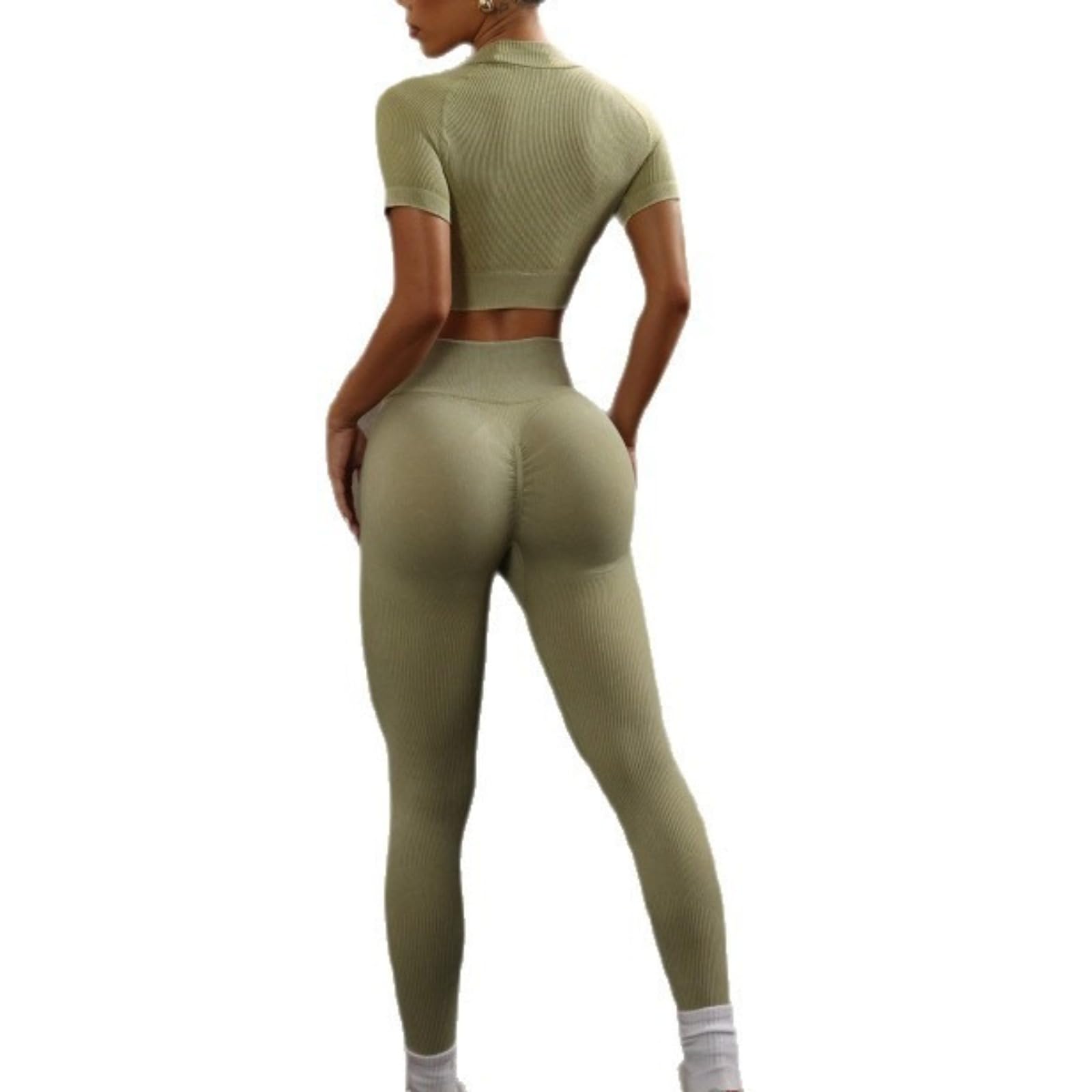 KIRYU Conjunto de ropa deportiva acanalada sin costuras de 2 piezas para mujer, camiseta corta de manga corta y leggings de cintura alta, gimnasio, yoga, entrenamiento
