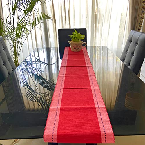 Image of Rangbhar Handloom Ribbed Cotton Table Runner for Living /Dining Room /Home Decor, Anti Skid, Reversible, Machine Washable, 12 X 72 inches, Striped, Red Pink