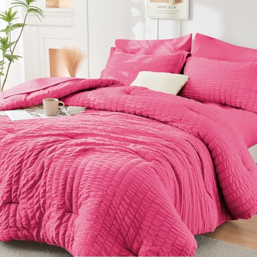 Image of HYMOKEGE Hot Pink Full Size Comforter Sets Seersucker 7 Pieces, All Season Luxury Bed in a Bag for Bedroom, Bedding Set with Comforter, Sheets, Pillowcases & Shams