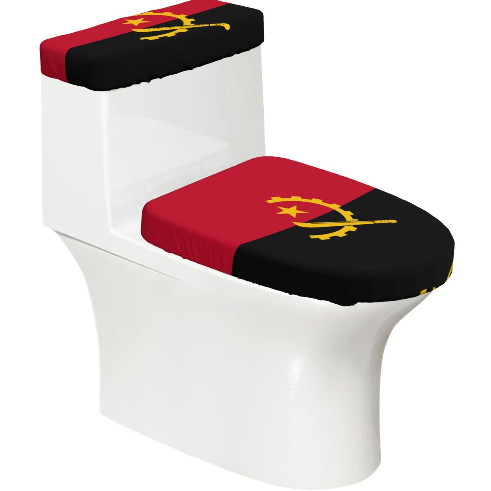 Angola Flag Elastic Toilet Cover Set of 2-Stretchy Lid and Tank Covers for Bathroom, Soft Washable U Shape Toilet Decor