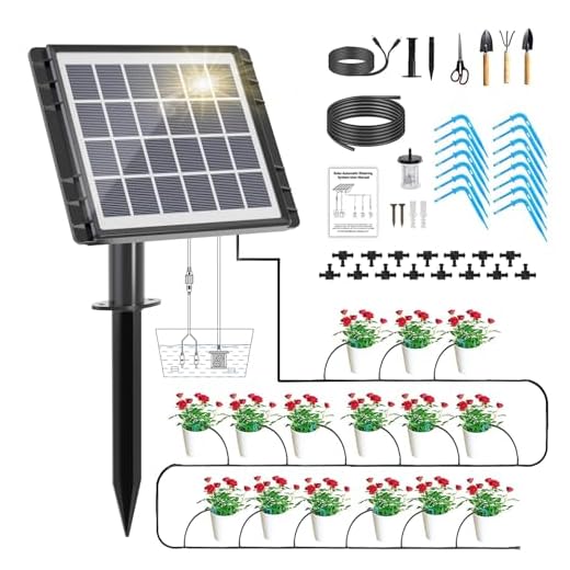 HEKIWAY 49FT Solar Drip Irrigation System, Auto Watering Kit for 15 Pots, Solar-Powered Plant Watering, 25 Timer Modes, 900ml/min Flow Indoor/Outdoor Garden, Balcony & Patio Irrigation System