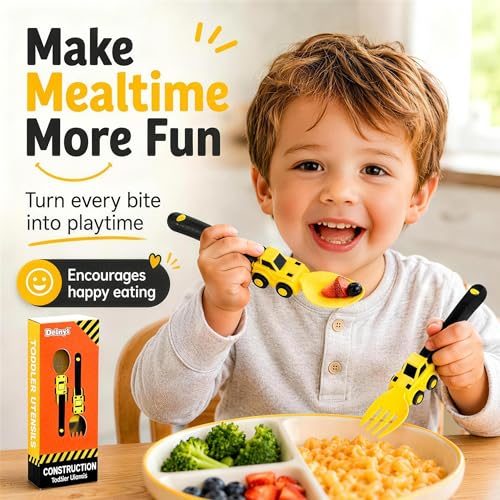 Image of Deinyi Construction Toddler Fork and Spoon Set, Baby Self Feeding Utensils | with Easy Grip Silicone Handles, Kids Tableware for 1 2 3 4 5 Year Old, Halloween Christmas Birthday Gifts, Yellow