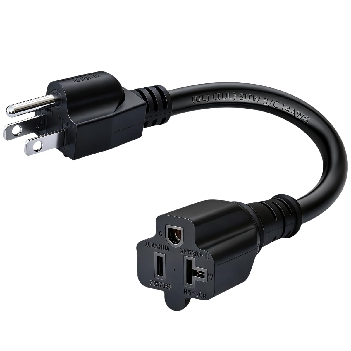 Photo 1 of 1-Foot 15 A Household AC Plug to 20 A T Blade Adapter Cable?14AWG 1-Foot 15 Amp to 20 Amp Plug Adapter Cord Nema 5-15P to 5-15R/5-20R 20Amp Comb AC Power Cord, Black