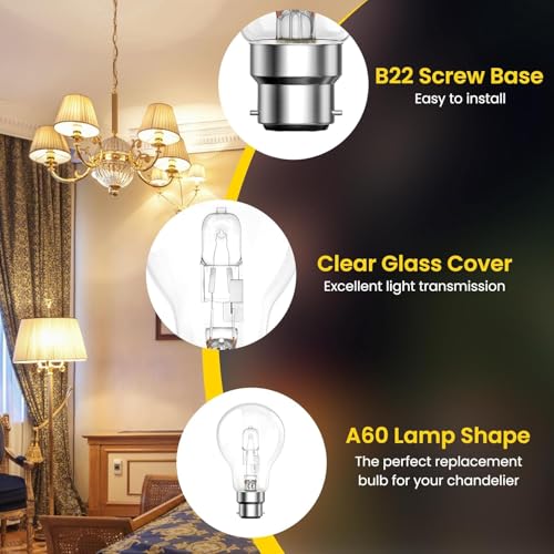 Bonlux 42W B22 Bayonet Light Bulbs,A60 Globe Dimmable Bayonet Cap Light Bulbs,220V,2700K Warm White Clear A-Shaped B22 Bulbs, 2000 Hours Long Life,613 Lumens Output,6-Pack - Image 5