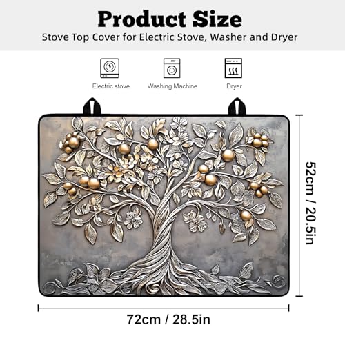 Image of Multi-Design Stove Top Cover for Glass /Electric Stoves - 3-in-1 Heat-Resistant Protector Mat, Non-Slip Drying Rack 28 inchx20 inch (Silver Fruit Tree, 28 inch L x 20 inch W)