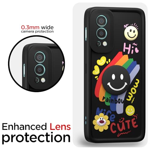 Image of Pikkme Back Cover for OnePlus Nord 2 5G | Soft Silicone| Cute Rainbow Smile & 3D Cartoon Flower Design | Shockproof Raised Camera Protection Bumper Case (Black)
