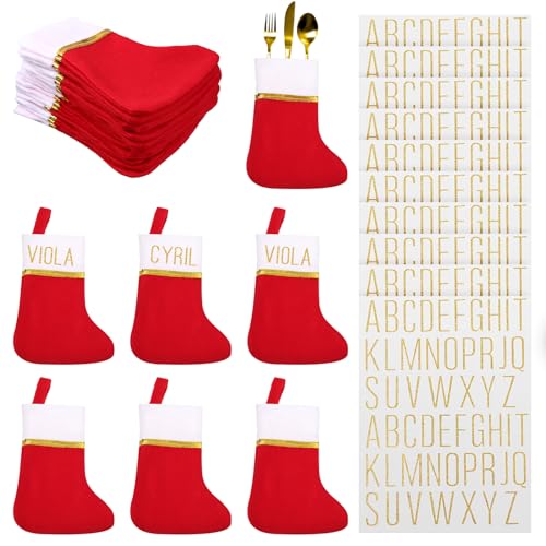 24 Pcs Mini Christmas Stockings Red with 10 Sheets Self Adhesive Vinyl Letters Stickers Kit Mailbox Stick Letters Small Holiday Christmas Stockings Bulk for Xmas (Red and White)