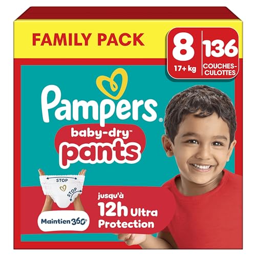 Pampers Baby-Dry Pants, Taille 8, 136 Couches-Culottes, 17kg+, Protection 360° contre les fuites...