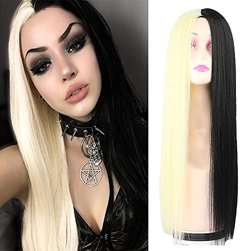 Long Straight Hair Wig Natural Looking Wig Middle Part Wig Half Black Half Blonde Wig Synthetic Heat Resistant Fiber Wig Fashion Halloween Cosplay Wig for Women Girls(22 Inch)