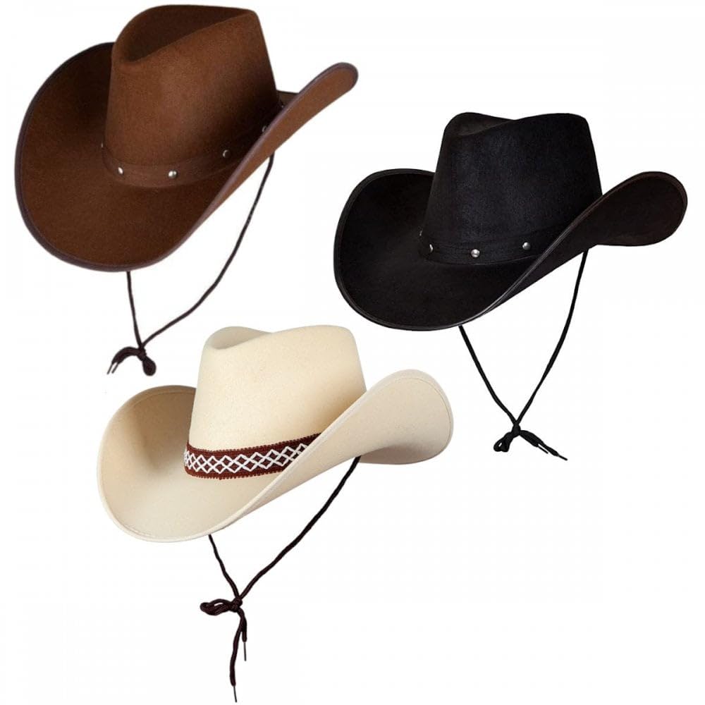 Titch & Timbo Texan Cowboy Cowgirl Hat 3 Pack (Multiple Options) : Adult Unisex Fancy Dress Party Accessory Country Western Rancher Rodeo Wild West Music Festival (Dark Brown/Sand/Black)