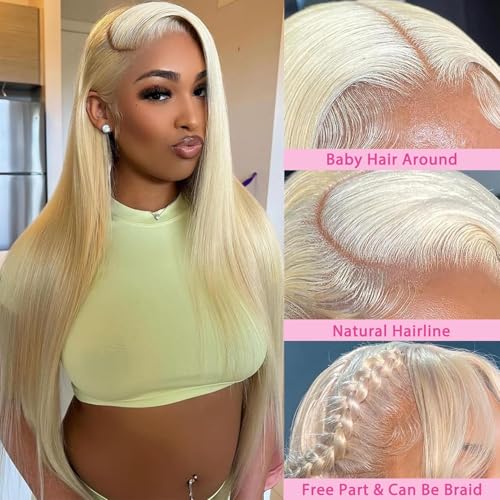 Image of 613 Straight Lace Front Wig Human Hair Blonde Wig 13x4 HD Transparent Lace Frontal Wigs for Women 180% Density Glueless wigs Pre Plucked with Baby Hair 26 Inch