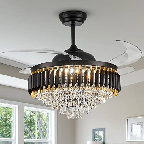 Moooni 52' Large Luxury Crystal Ceiling Fan with Light and Remote Control, Crystal Chandelier with Fan LED Dimmable 6-Speed, Modern Bladeless Ceiling Fan for Living Room Dining Room Foyer Hotel