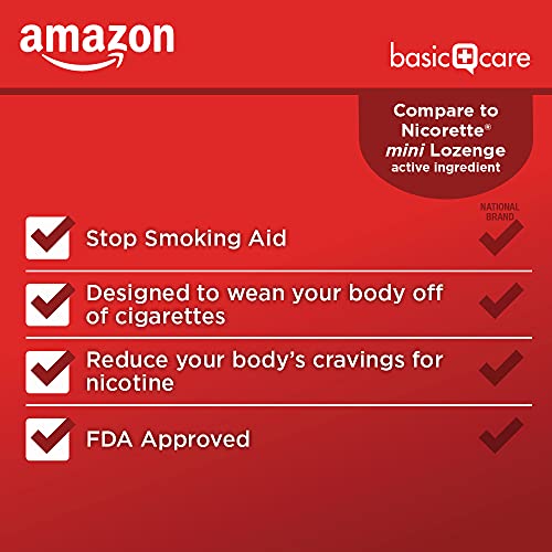 Image of Amazon Basic Care Mini Nicotine Polacrilex Lozenge, 2 mg, Cherry Ice Flavor, Stop Smoking Aid, Reduces Nicotine Cravings, 135 Count